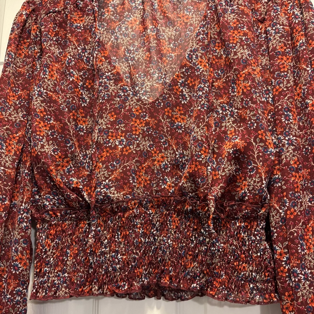 Burgundy Floral Blouse with Ruched Waist, Ruffles & Tie Detail